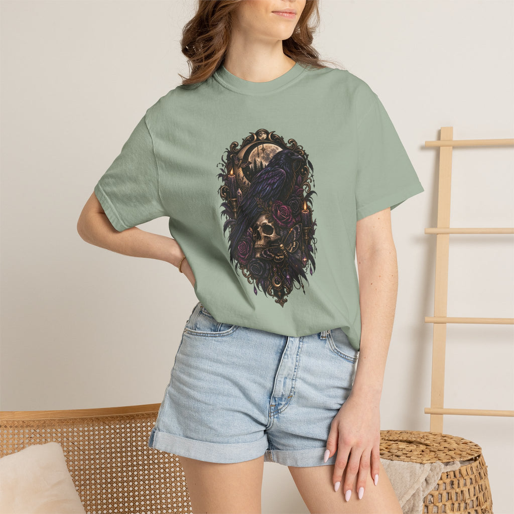 Skull & Crow Graphic Tee — Gothic Vintage Skull with Raven Design