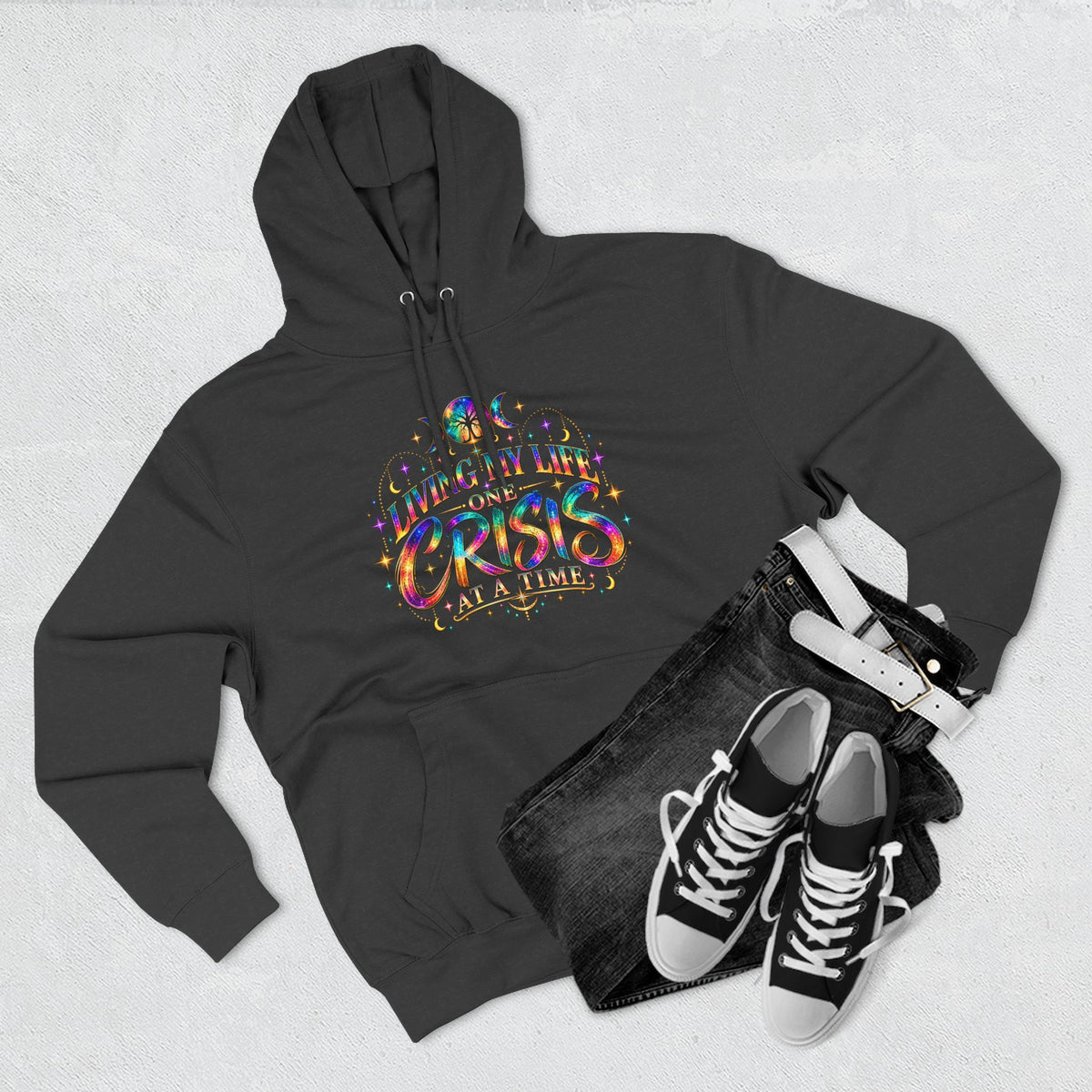 Hoodie — "Living My Best One Crisis At A Time" Colorful Retro Graphic