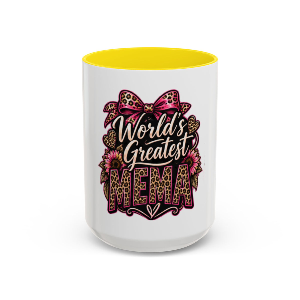 World's Greatest Mema Accent Coffee Mug – Leopard Pink Bow Gift for Grandma (11/15 oz)