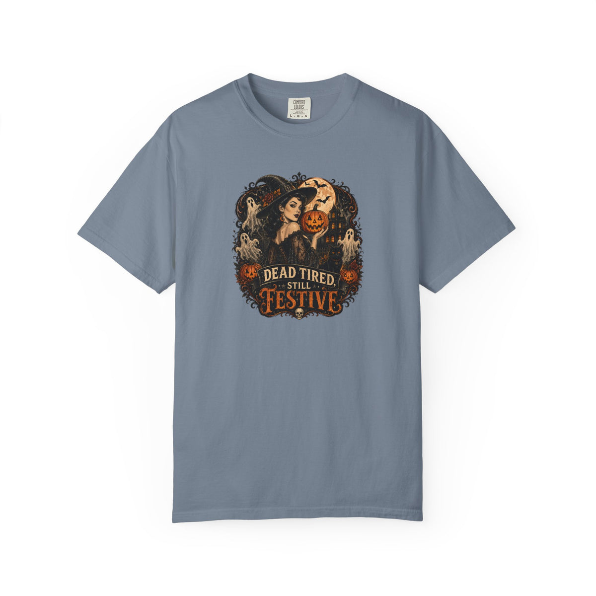 Halloween Graphic T-Shirt — "Dead Tired but Festive" Vintage Horror Pumpkin Tee