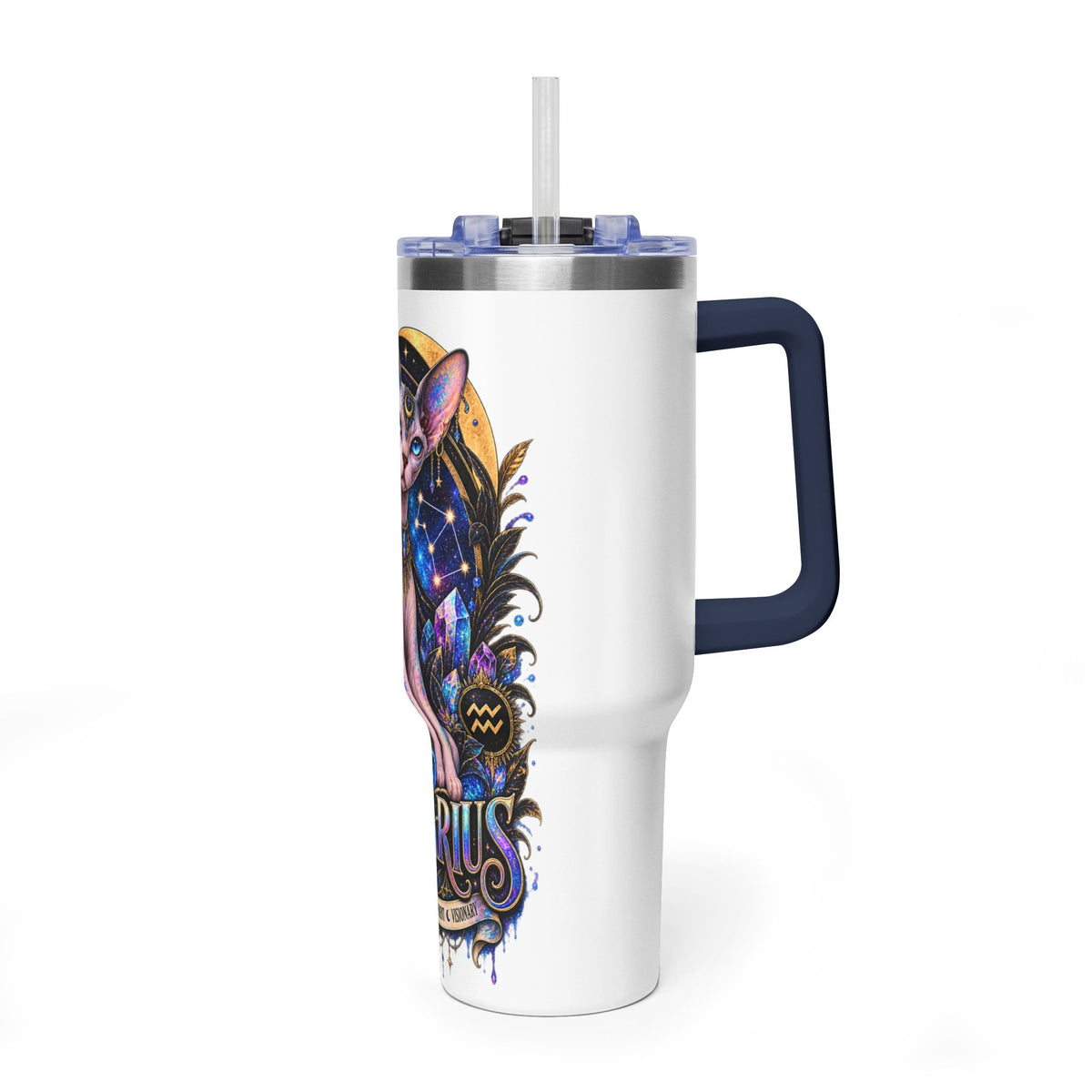 40oz Aquarius Zodiac Tumbler — Sphynx Cat Astrology Vacuum Thermal Cup