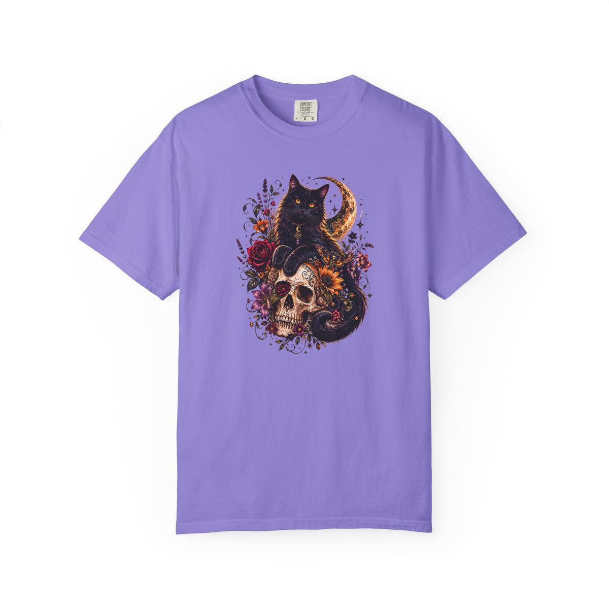 Cat & Skull Gothic T-Shirt — Black Cat Moon Floral Graphic Tee