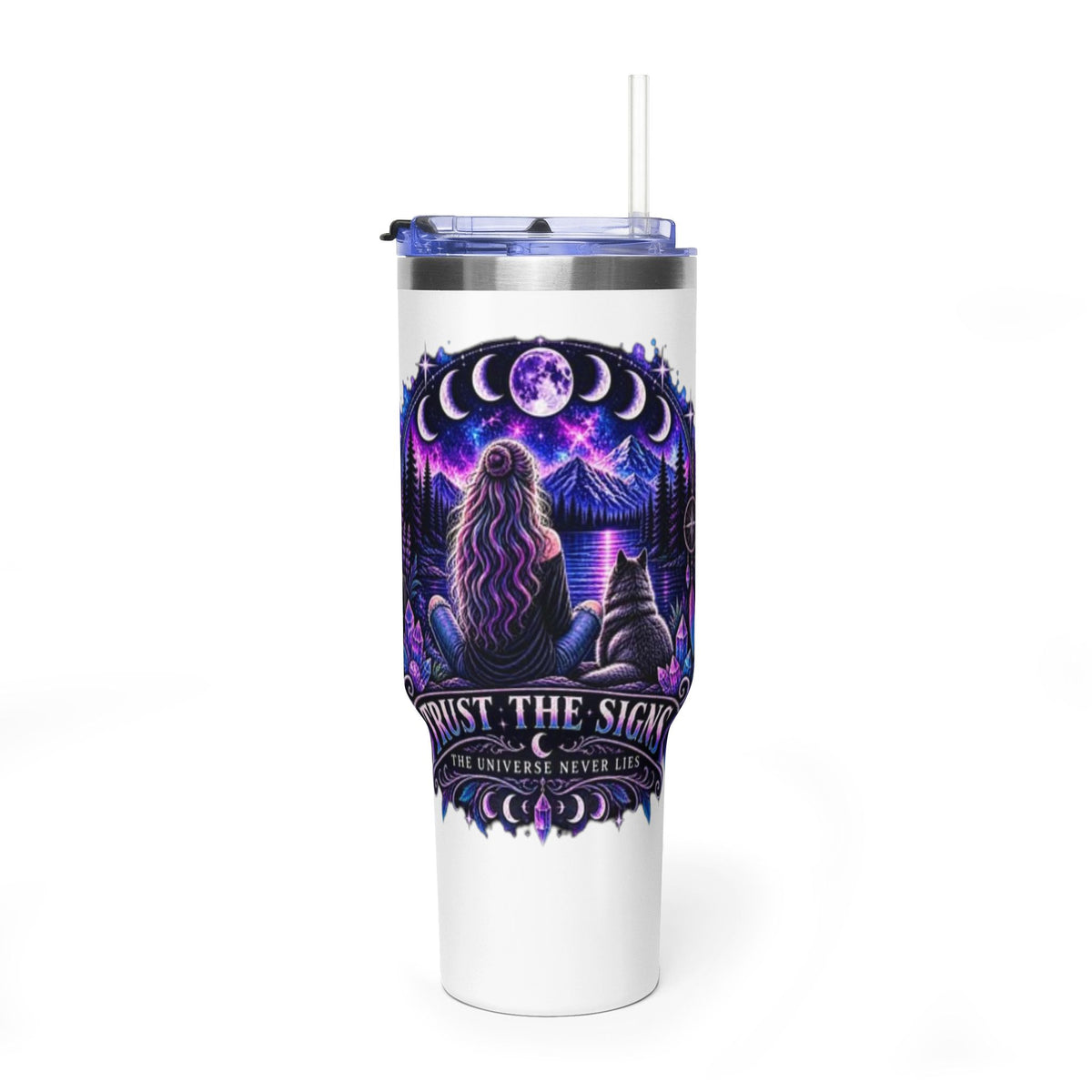 40oz Vacuum Tumbler – 'Trust the Signs' Moonlit Forest Design