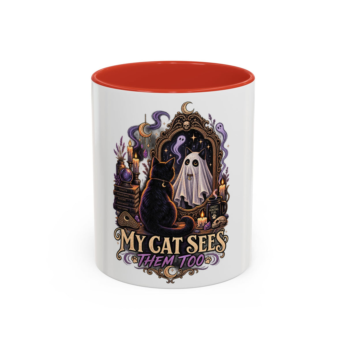 My Cat Sees Them Too Accent Coffee Mug – Halloween Cat & Ghost 11/15oz