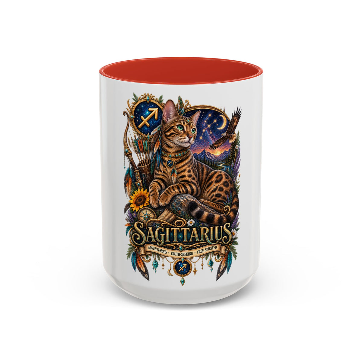 Sagittarius Bengal Cat Zodiac Coffee Mug — Cat Archer Astrology Accent Mug (11/15oz)