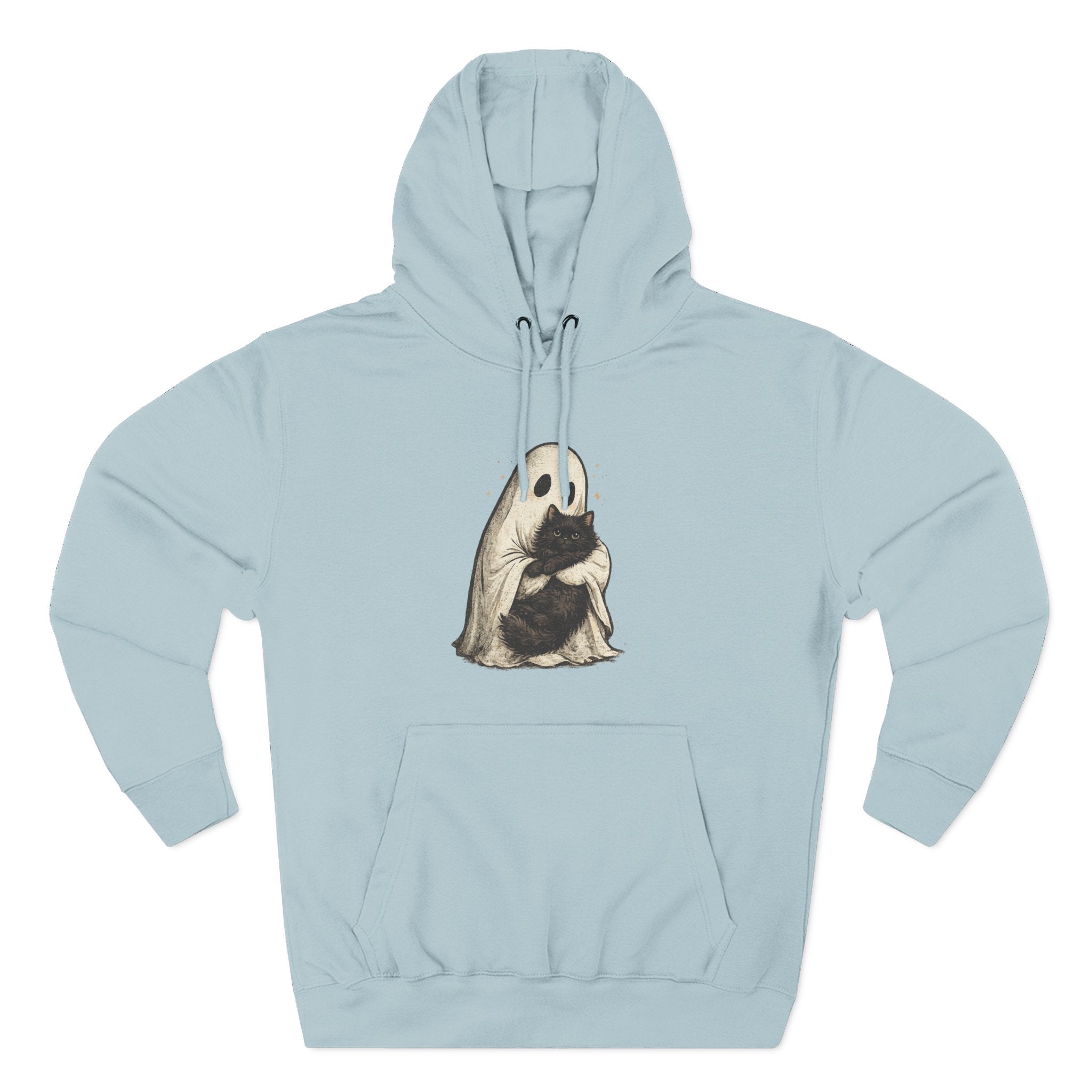 Ghost Hugging Black Cat Fleece Hoodie — Cute Ghost Hugging Black Cat Cozy Pullover