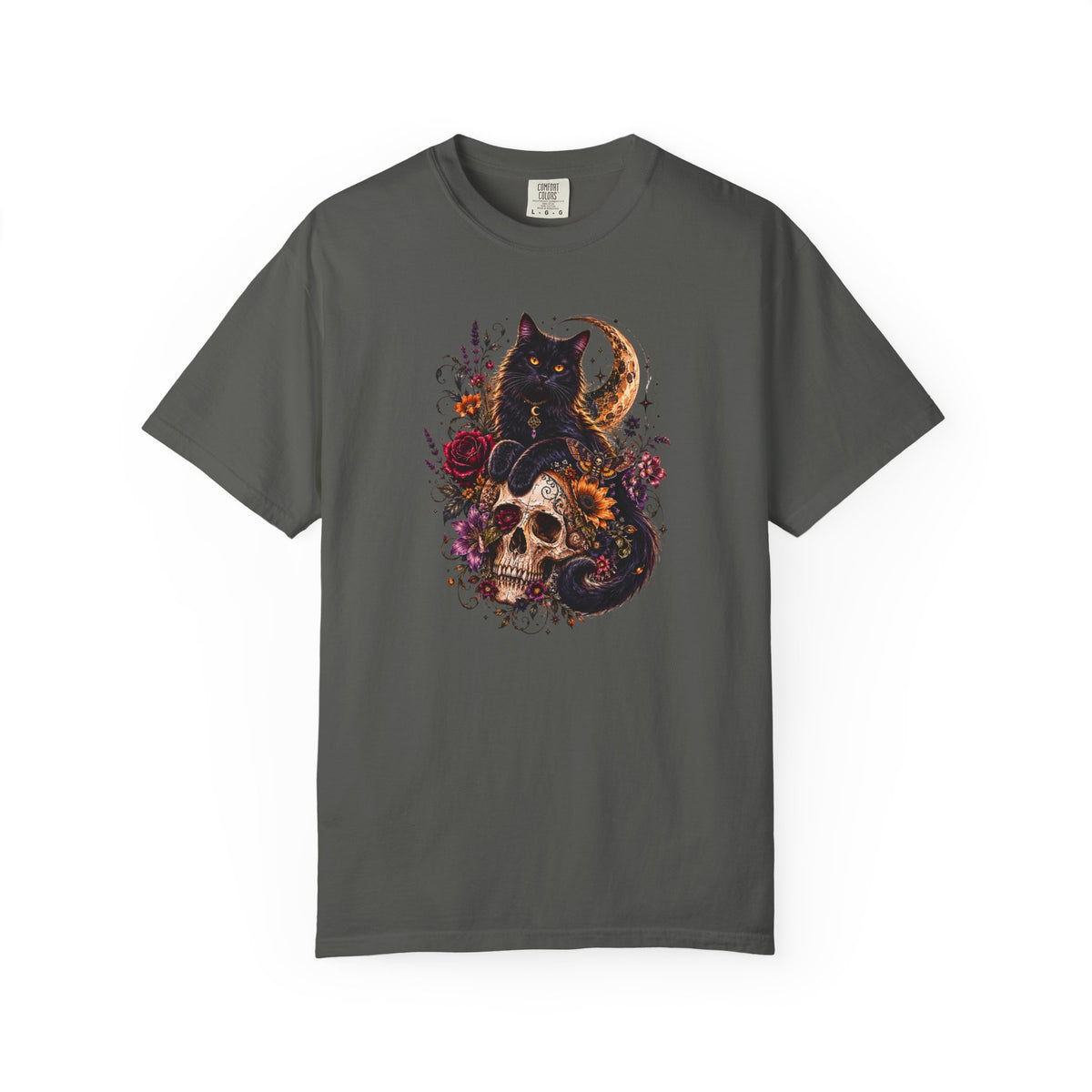Cat & Skull Gothic T-Shirt — Black Cat Moon Floral Graphic Tee