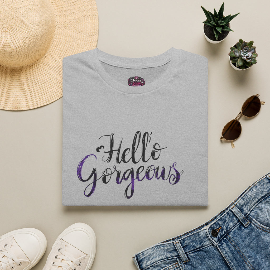 T-Shirt — "Hello Gorgeous" Purple Black Script Graphic Tee