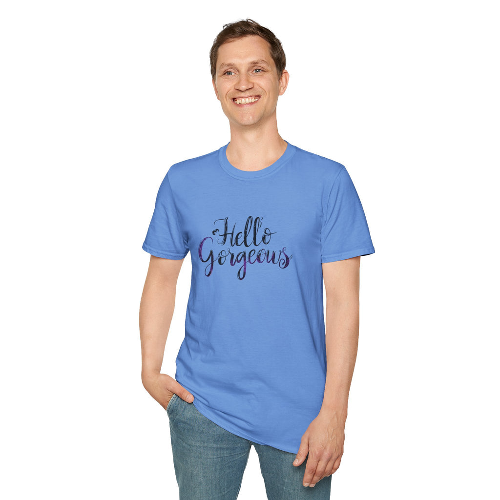 T-Shirt — "Hello Gorgeous" Purple Black Script Graphic Tee