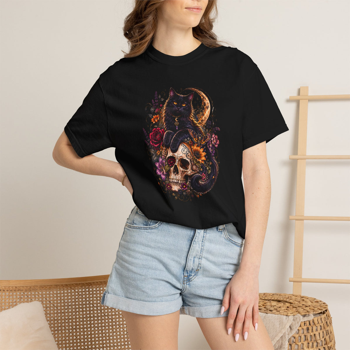 Cat & Skull Gothic T-Shirt — Black Cat Moon Floral Graphic Tee
