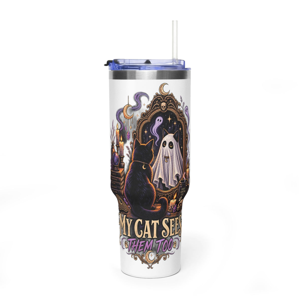 40oz Halloween Cat Tumbler – “My Cat Sees Them Too” Vacuum Insulated Travel Mug