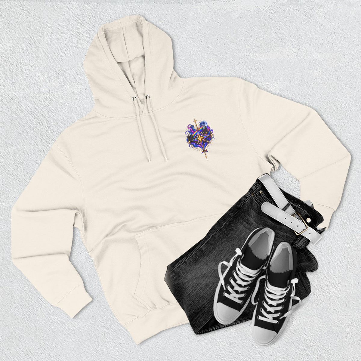 Guided by Light Bound toTruth Fleece Hoodie — Spiritual Galaxy Chest Emblem & Backscape Design