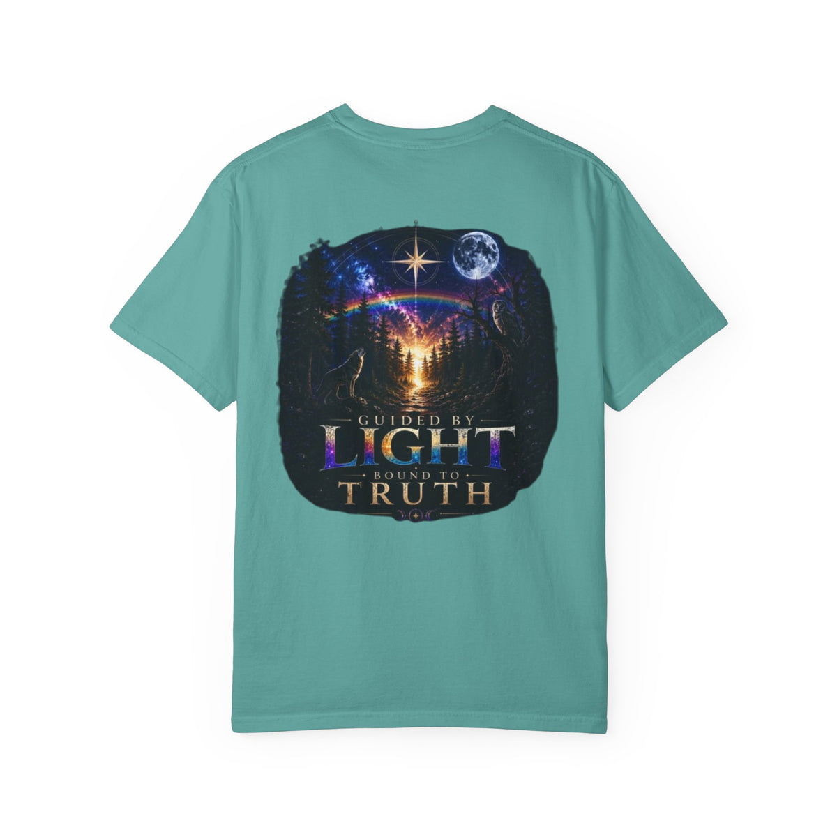 T-Shirt — "Guided by Light, Bound to Truth" Cosmic Forest Graphic