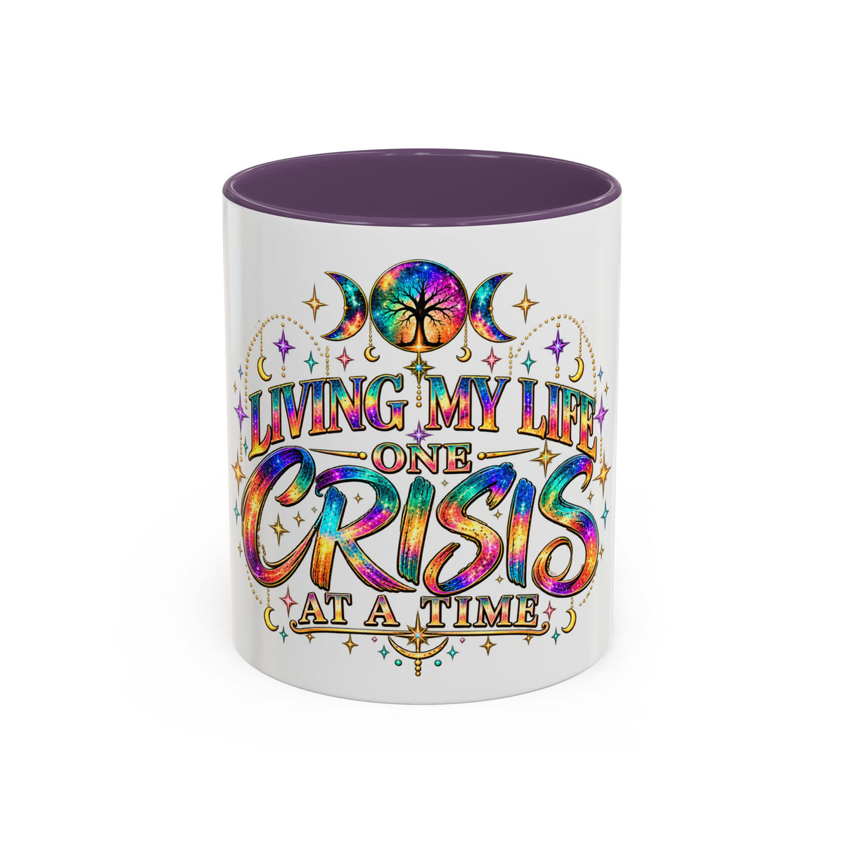 Coffee Mug — "Living My Life One Crisis at a Time" Colorful Boho Accent Mug (11/15oz)