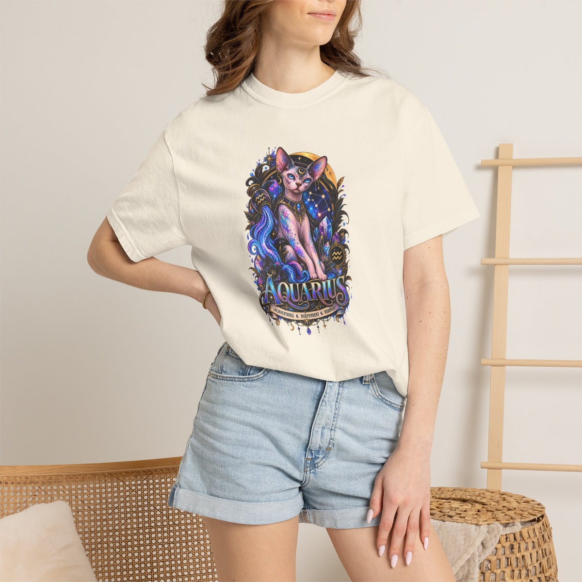 Aquarius Sphynx Cat Zodiac Tee- Celestial Astrology cat lover T-shirt