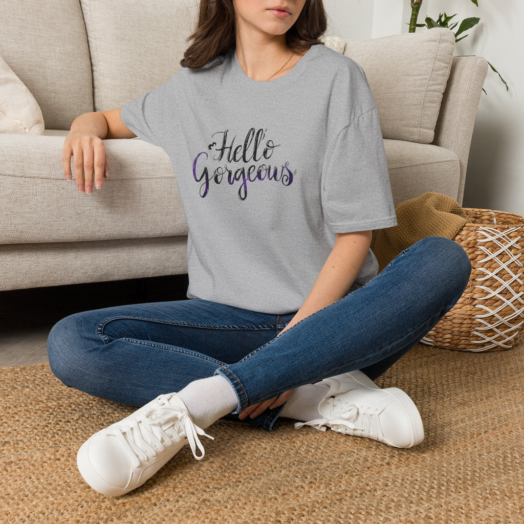 T-Shirt — "Hello Gorgeous" Purple Black Script Graphic Tee