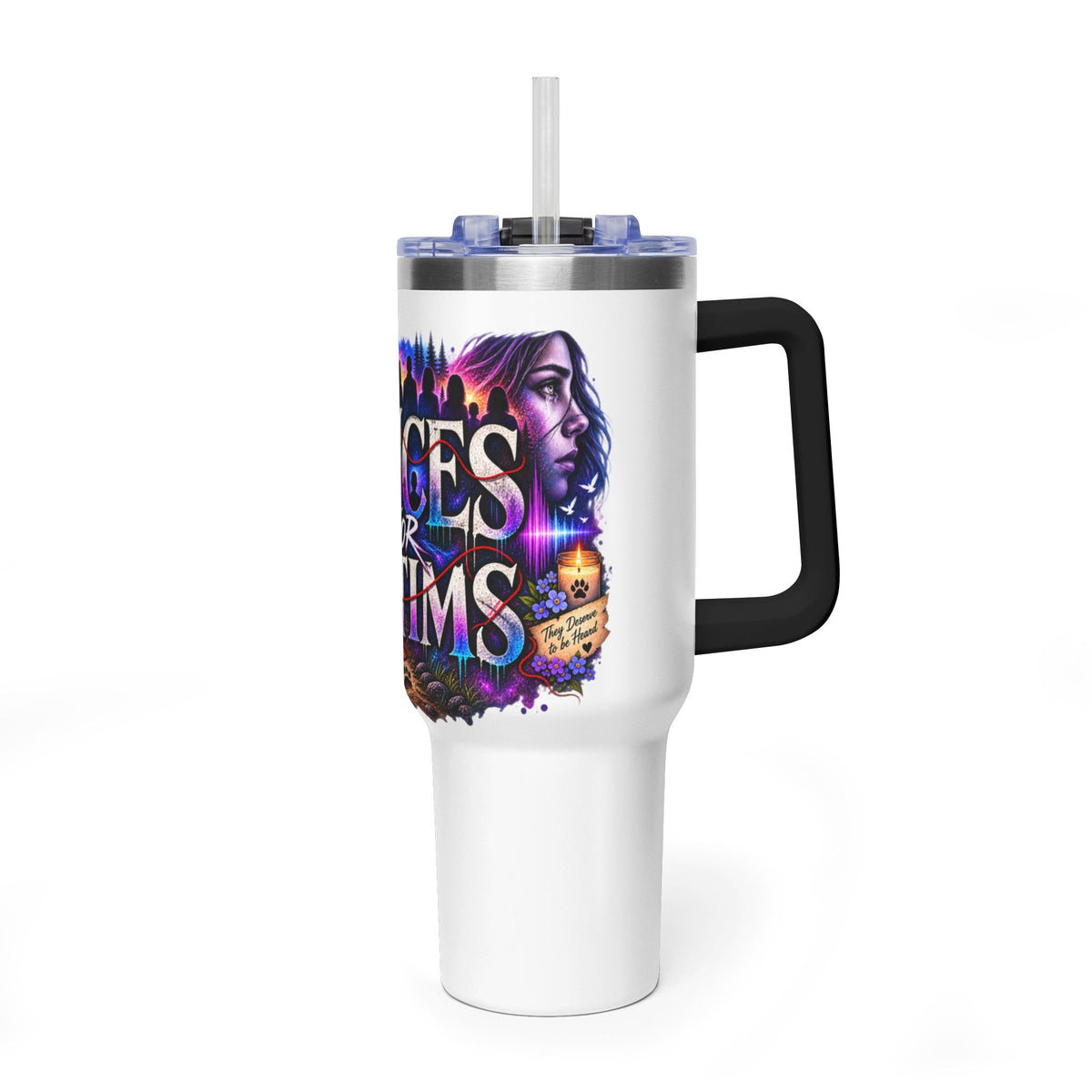40oz Vacuum Tumbler - "Voices for Victims" Purple Feather Design