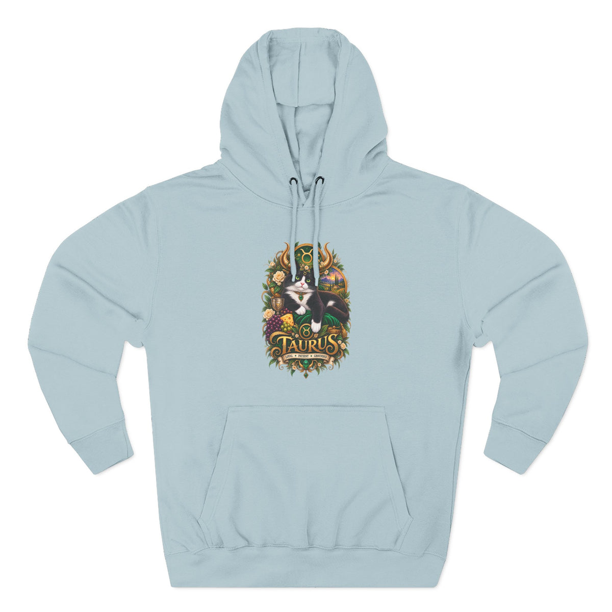 Taurus Tuxedo Cat Zodiac Hoodie — Earthy Bull Constellation Graphic Fleece Pullover