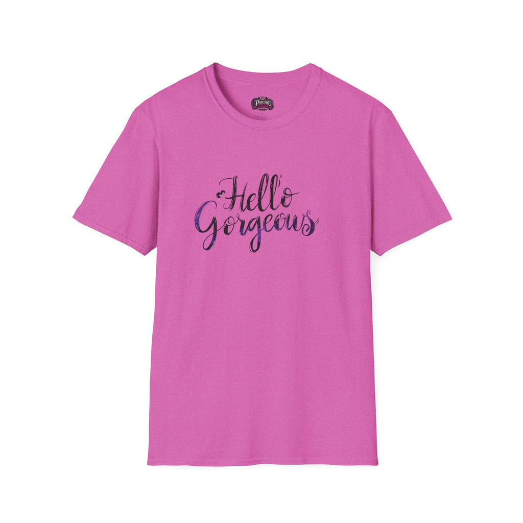T-Shirt — "Hello Gorgeous" Purple Black Script Graphic Tee