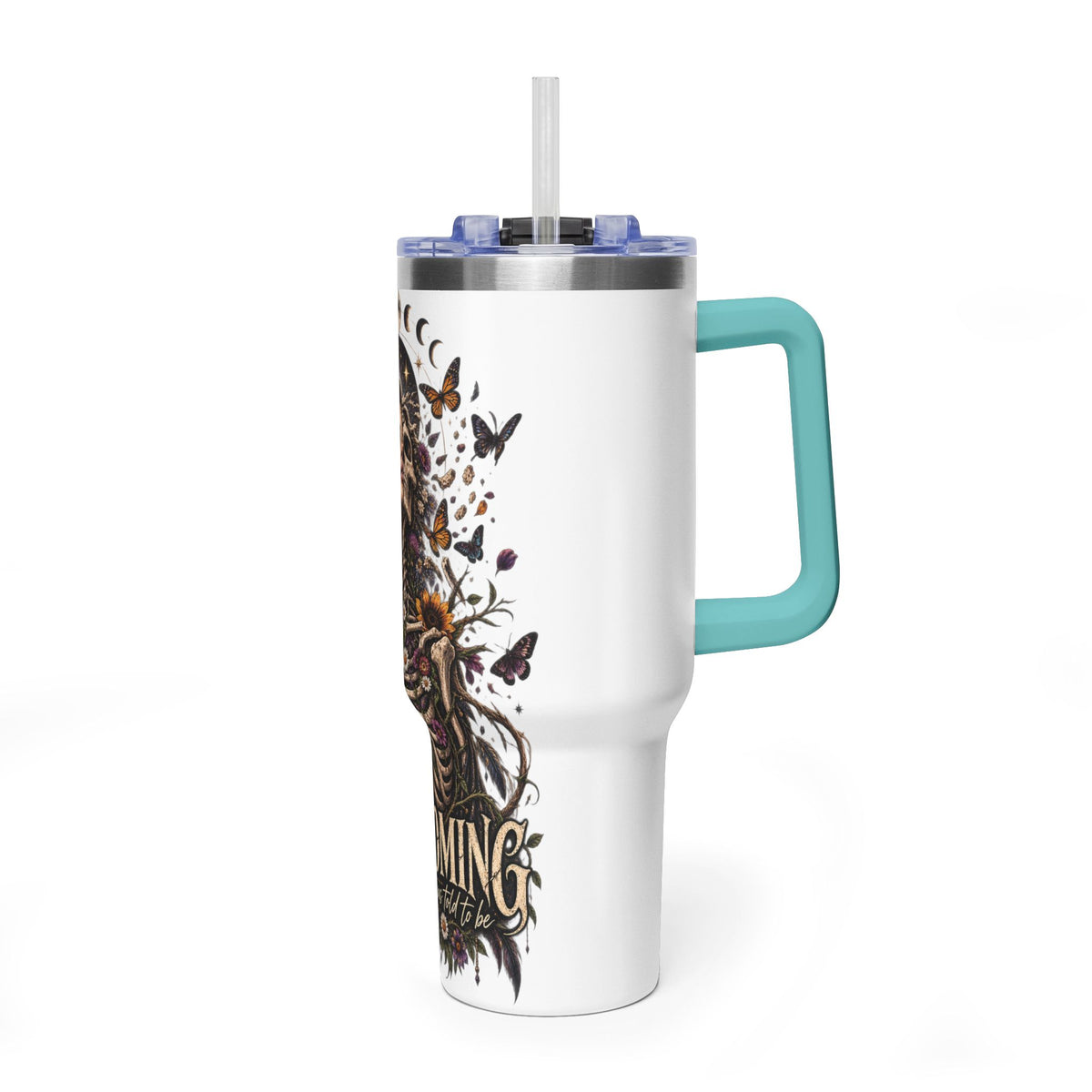 40oz Half human half skeleton Floral butterfly — "Unbecoming" Insulated Travel Cup