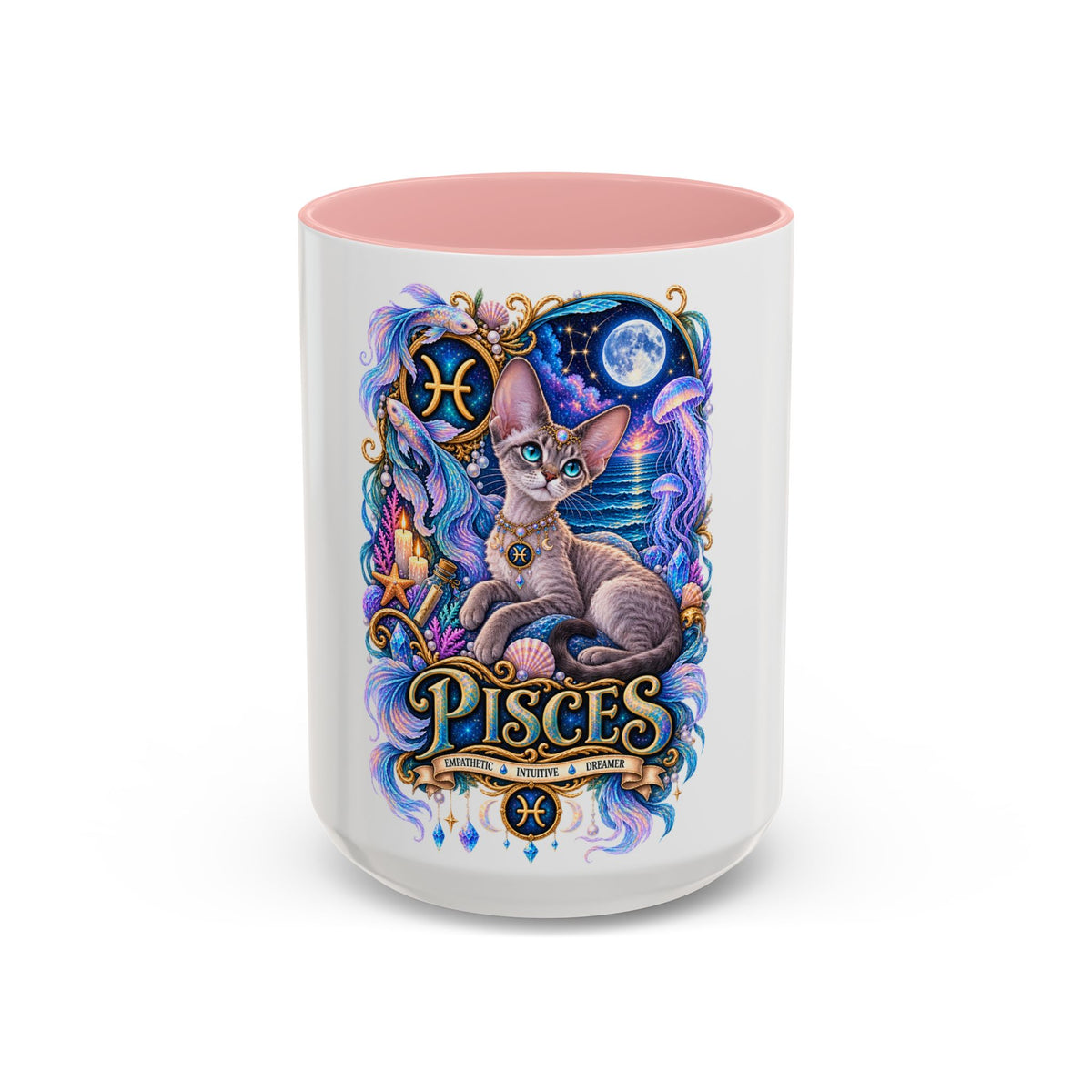 Pisces Devon Rex Cat Accent Coffee Mug — Zodiac Astrology Ceramic Mug (11/15oz)