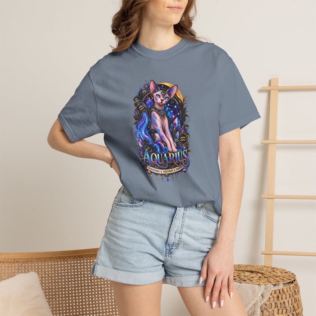 Aquarius Sphynx Cat Zodiac Tee- Celestial Astrology cat lover T-shirt
