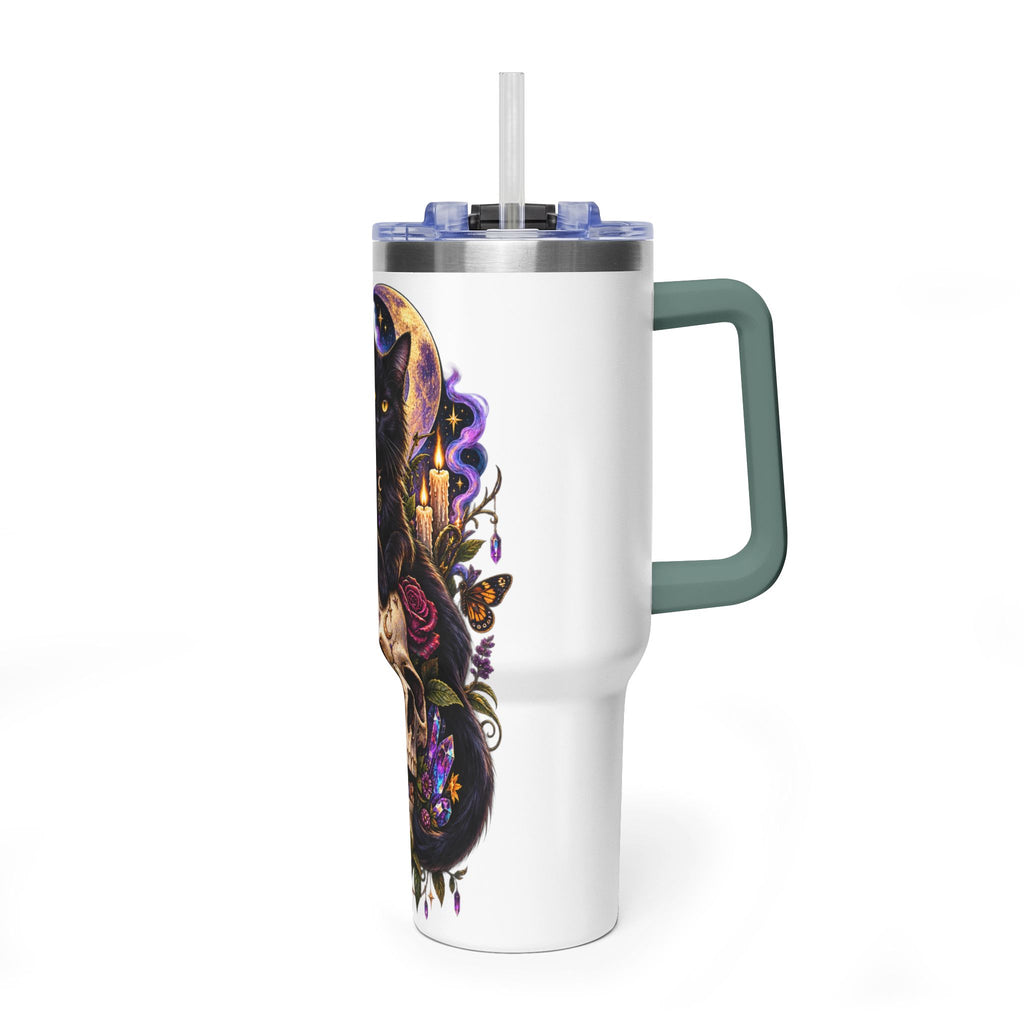 40oz Cat & Skull Thermal Tumbler – Gothic Floral Insulated Travel Mug