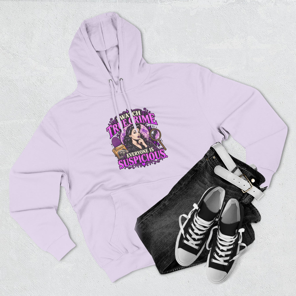 True Crime Hoodie — “Everyone Is Suspicious” Graphic Pullover
