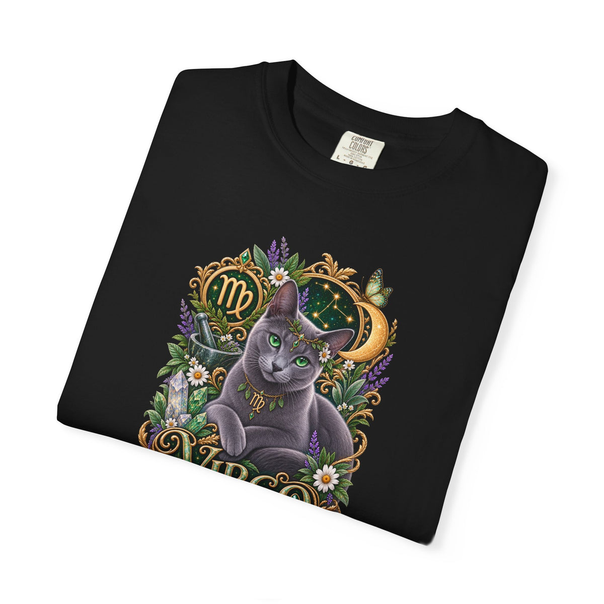 Virgo Cat Zodiac T-Shirt — Virgo Astrology Tee with Russian Blue & Floral Design