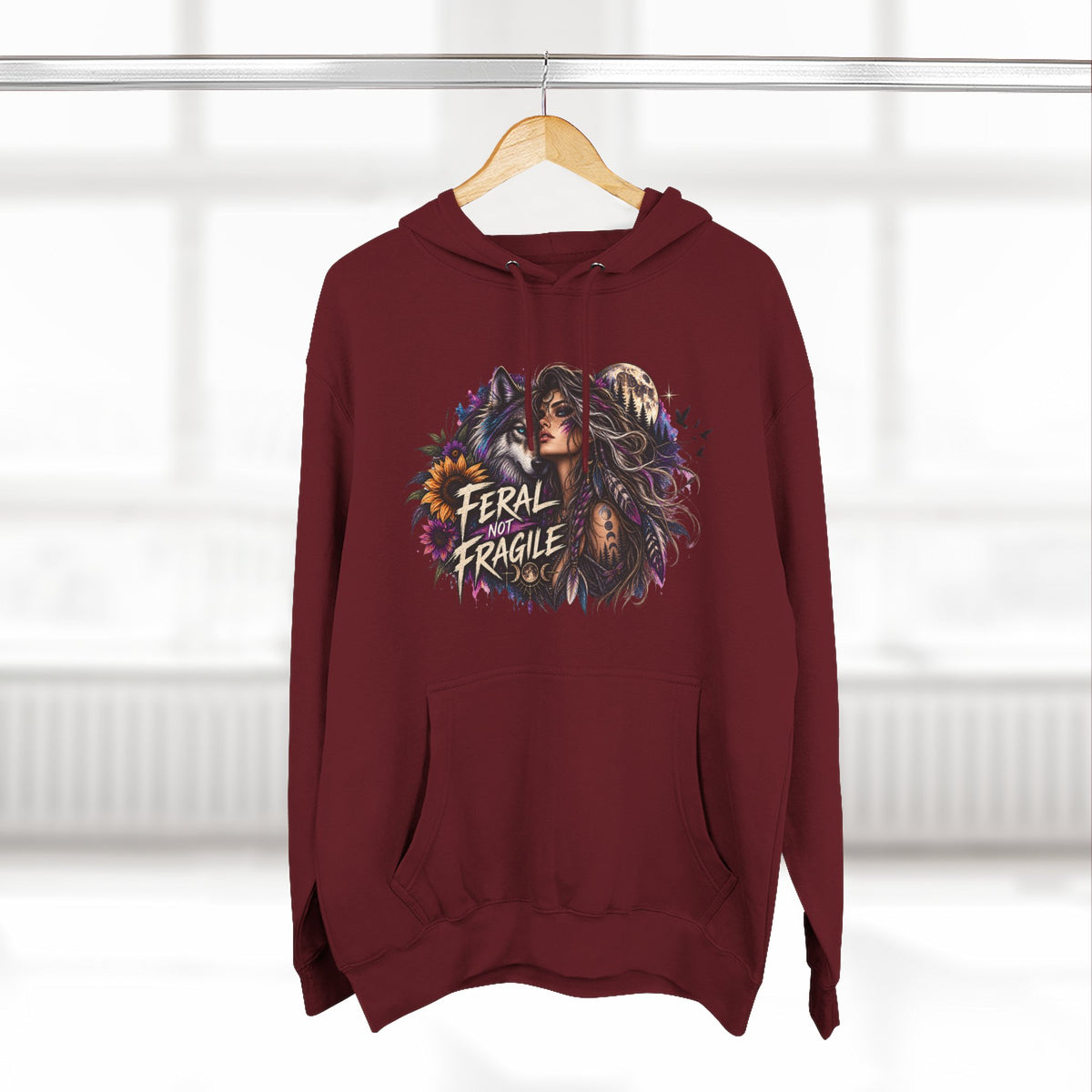 Feral Not Fragile Wolf & Woman Graphic Hoodie — Wildlife Fleece Pullover