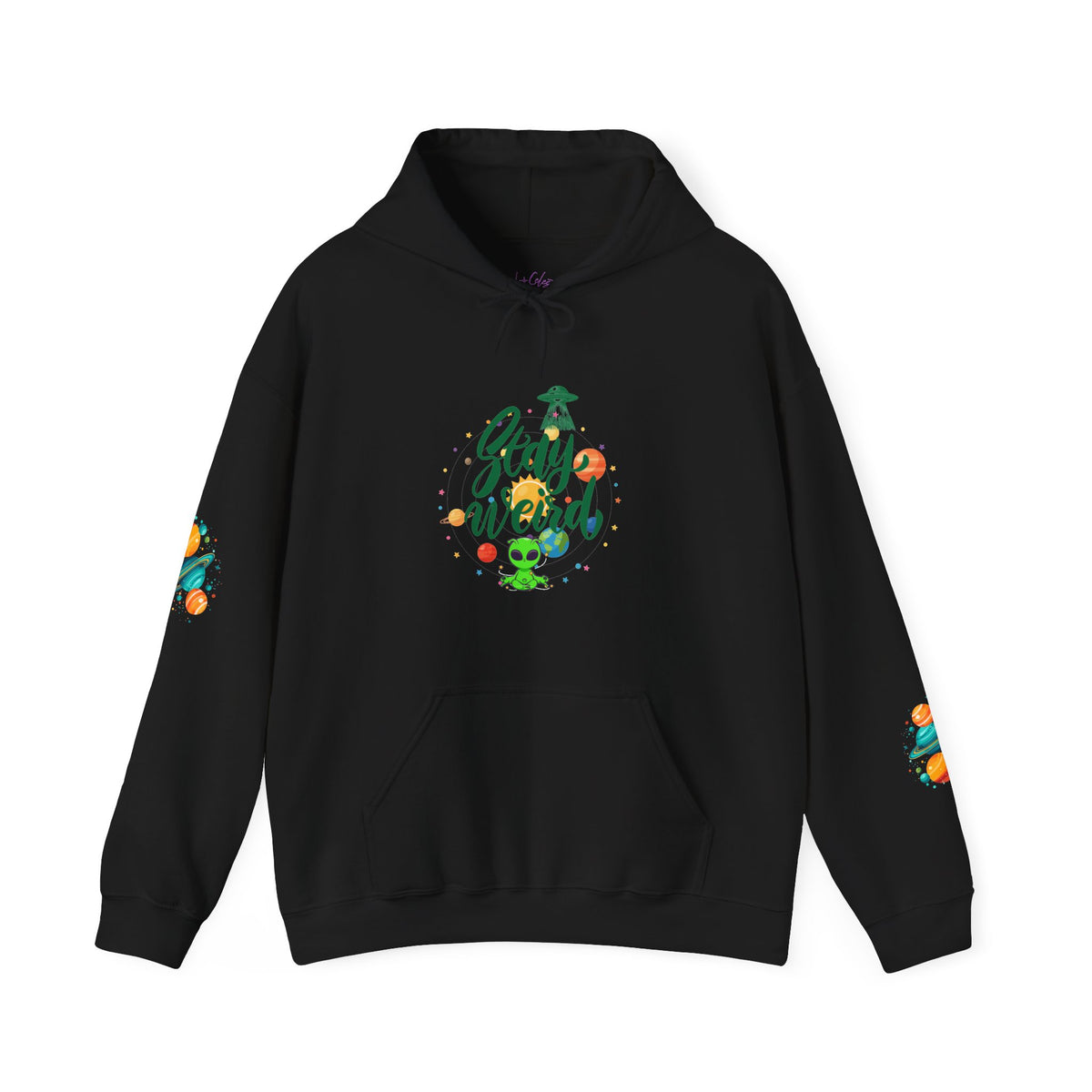 Stay Weird Premium Hoodie | Alien & Space Graphic Hoodie | Front, Back & Sleeve Print | Boutique UFO Apparel