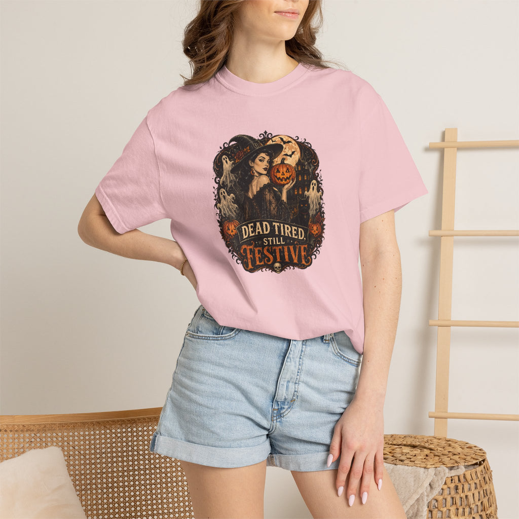 Halloween Graphic T-Shirt — "Dead Tired but Festive" Vintage Horror Pumpkin Tee