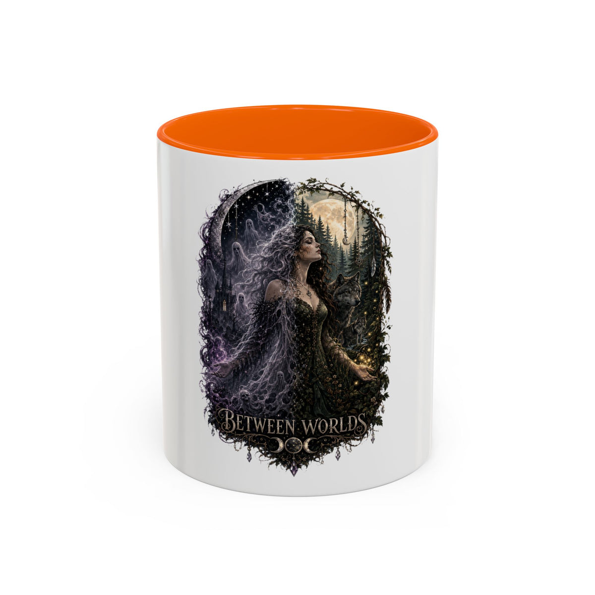 Between Worlds Accent Coffee Mug — Gothic Fantasy Witch Illustration (11/15oz)