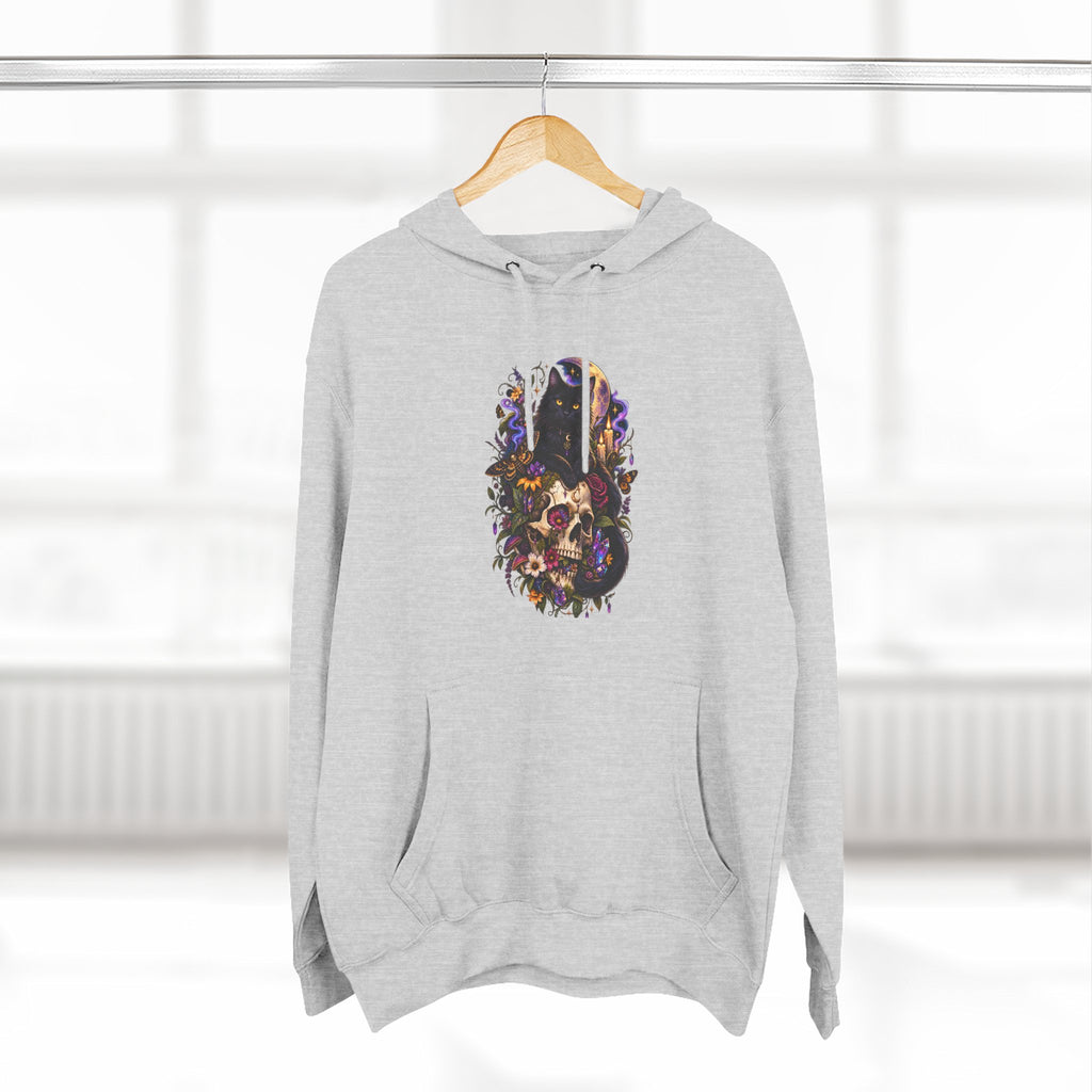 Skull Black Cat Hoodie — Romantic Gothic Floral Skull Graphic Fleece Pullover