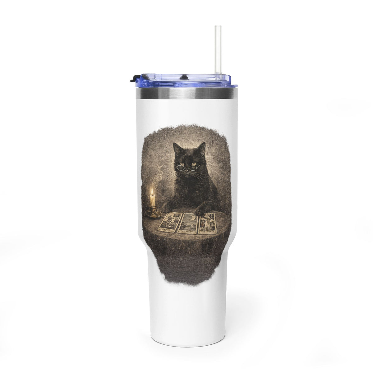 40oz Black Cat Tarot Tumbler — Witchy Tarot Coffee Travel Mug