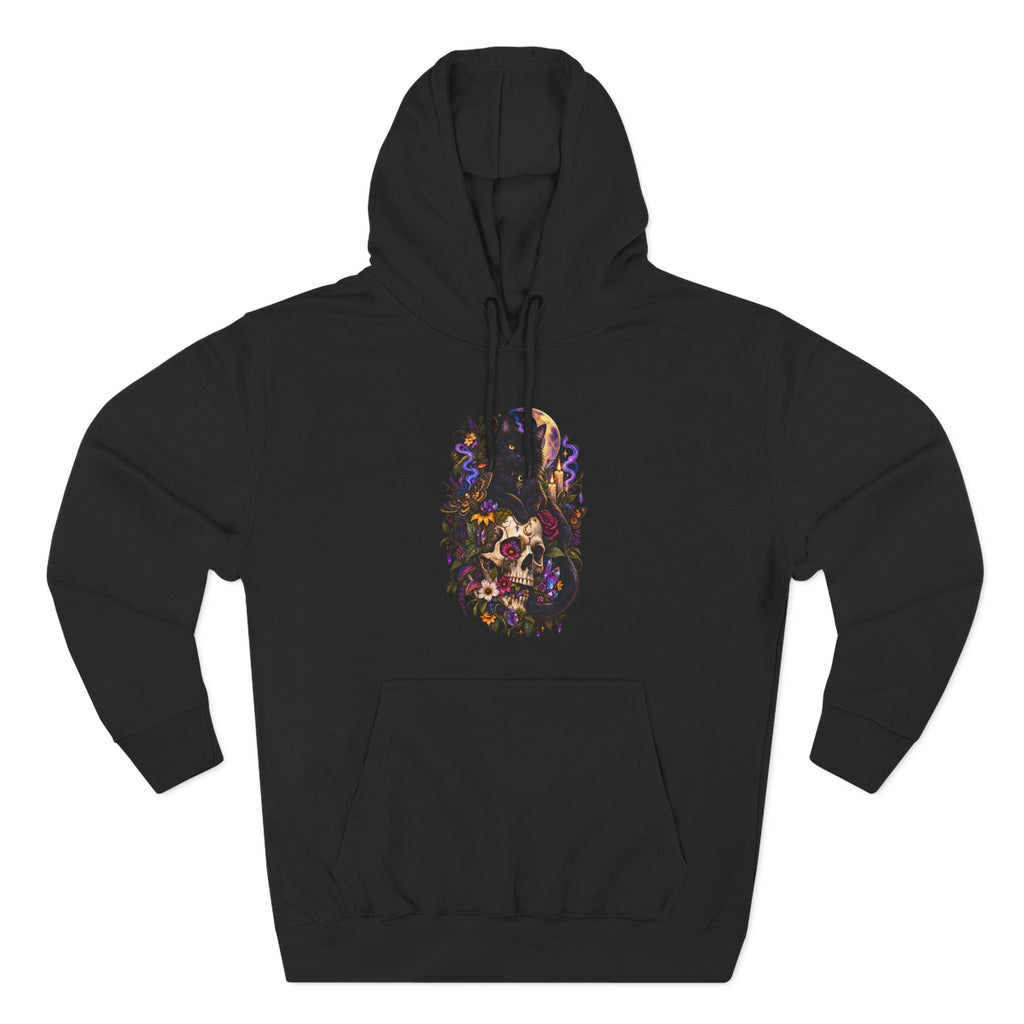 Skull Black Cat Hoodie — Romantic Gothic Floral Skull Graphic Fleece Pullover