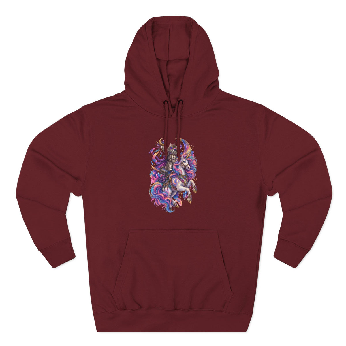 Colorful Cosmic Cat Riding a Unicorn — Vibrant Nebula Graphic Pullover