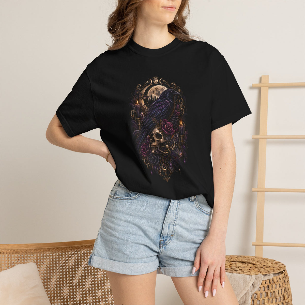 Skull & Crow Graphic Tee — Gothic Vintage Skull with Raven Design