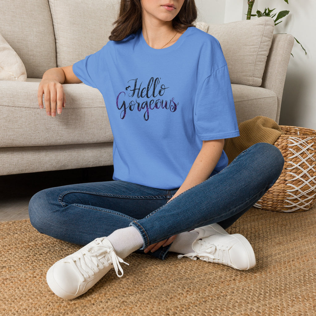 T-Shirt — "Hello Gorgeous" Purple Black Script Graphic Tee