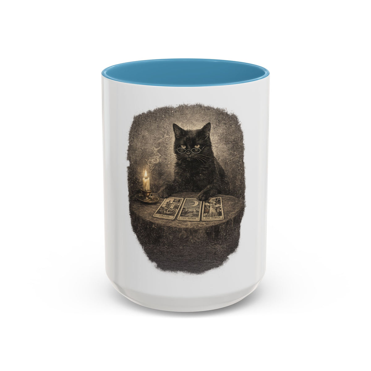 Tarot Cat Accent Coffee Mug — Witchy Black Cat with Tarot Cards