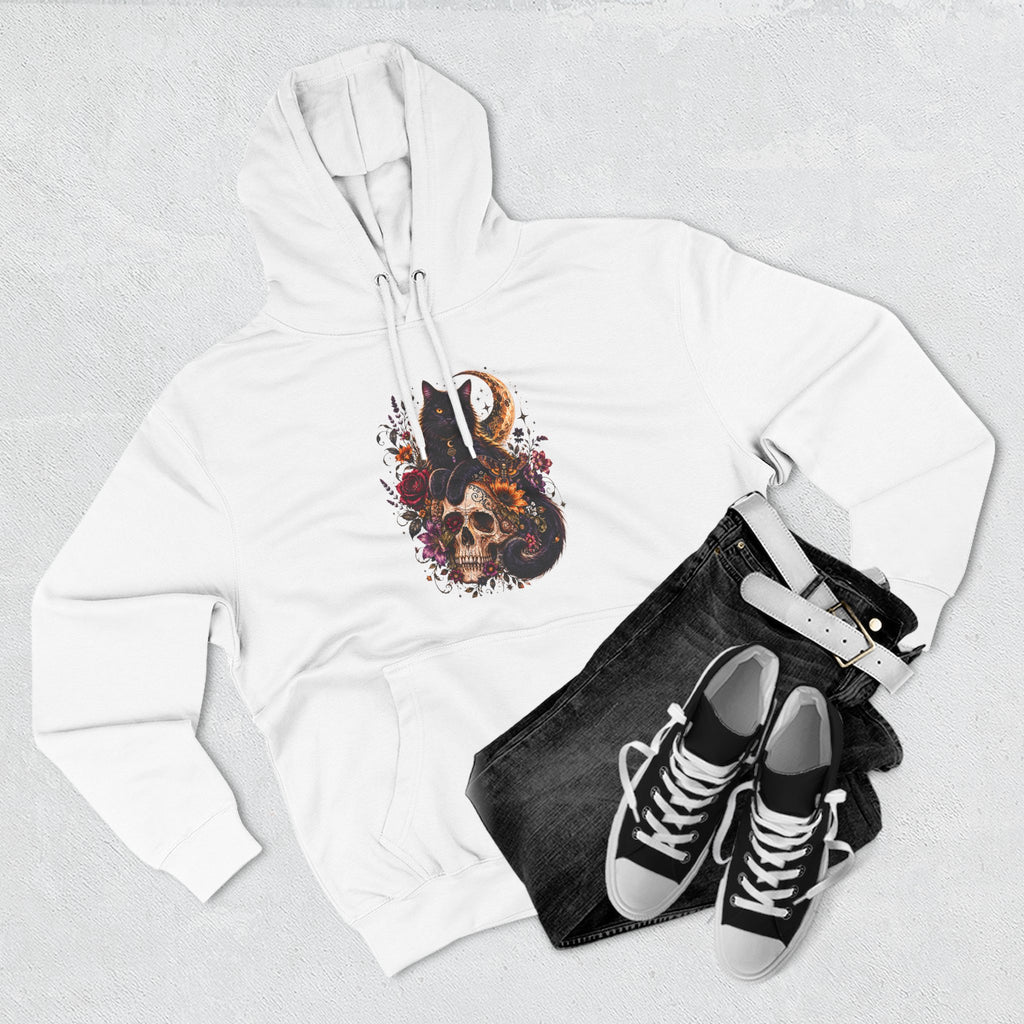 Skull & Cat Hoodie — Romantic Gothic Celestial Moon Graphic Fleece Pullover