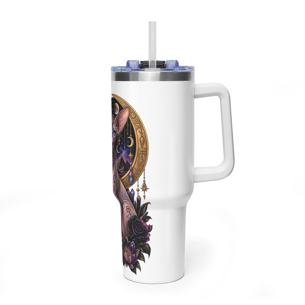 40oz Sphynx Cat Tumbler — Mystical Moon Vacuum Insulated Travel Mug
