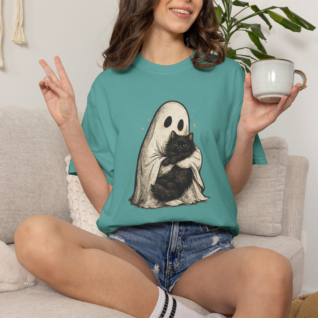 Ghost Hug T-Shirt — Cute Ghost Holding Cat Graphic Tee