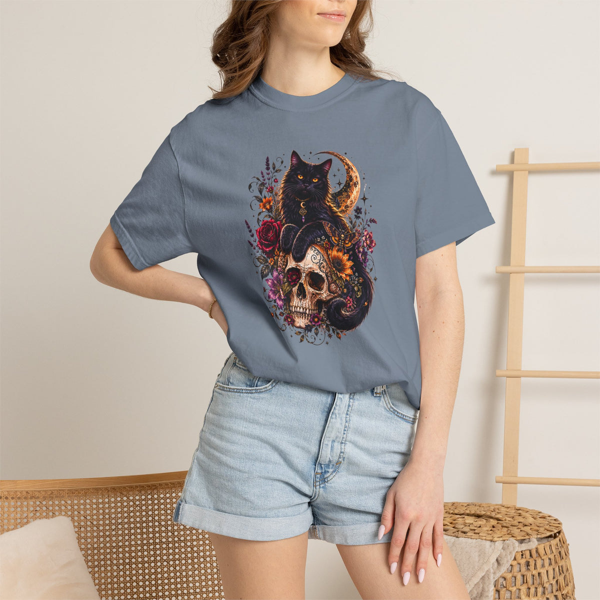 Cat & Skull Gothic T-Shirt — Black Cat Moon Floral Graphic Tee