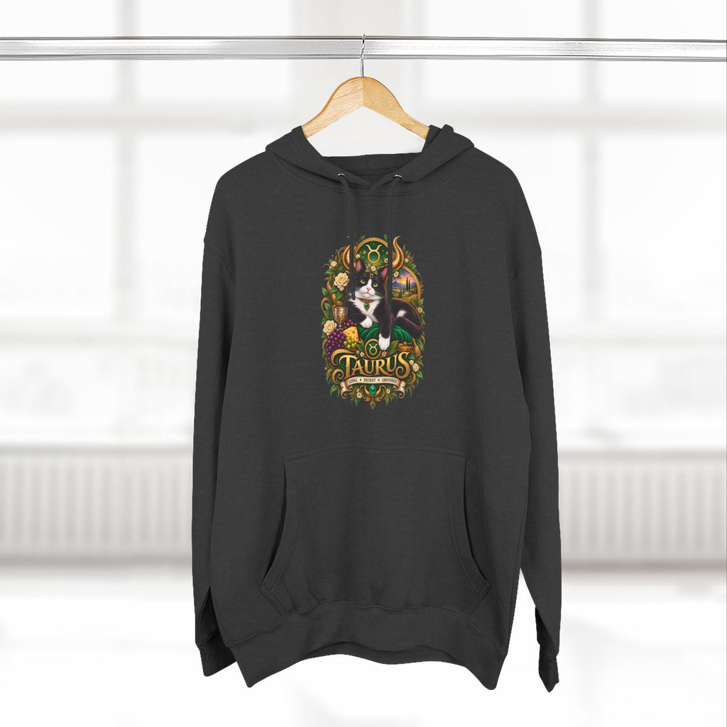 Taurus Tuxedo Cat Zodiac Hoodie — Earthy Bull Constellation Graphic Fleece Pullover