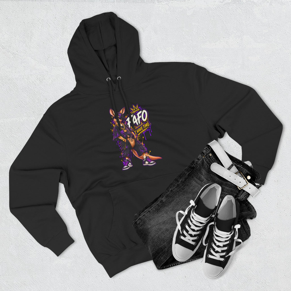 Streetstyle Kangaroo Graphic Hoodie — "FAFO" Retro Character Pullover