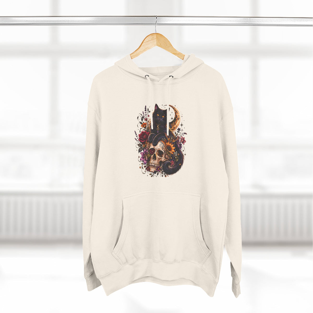 Skull & Cat Hoodie — Romantic Gothic Celestial Moon Graphic Fleece Pullover