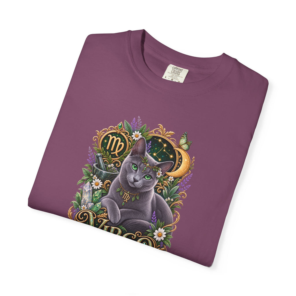 Virgo Cat Zodiac T-Shirt — Virgo Astrology Tee with Russian Blue & Floral Design