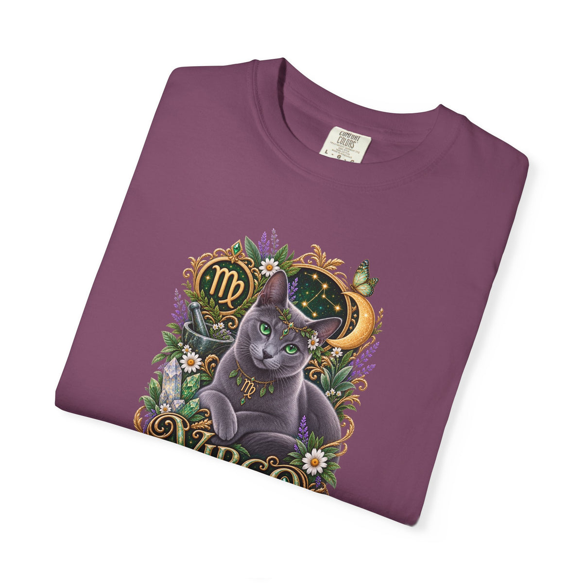 Virgo Cat Zodiac T-Shirt — Virgo Astrology Tee with Russian Blue & Floral Design