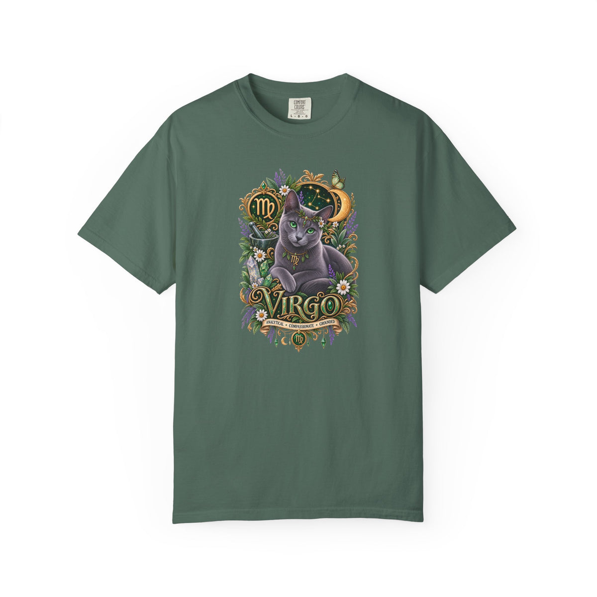 Virgo Cat Zodiac T-Shirt — Virgo Astrology Tee with Russian Blue & Floral Design